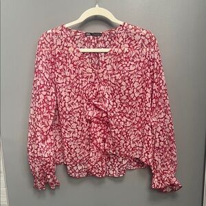 Zara Red and White Floral Ruffle Blouse